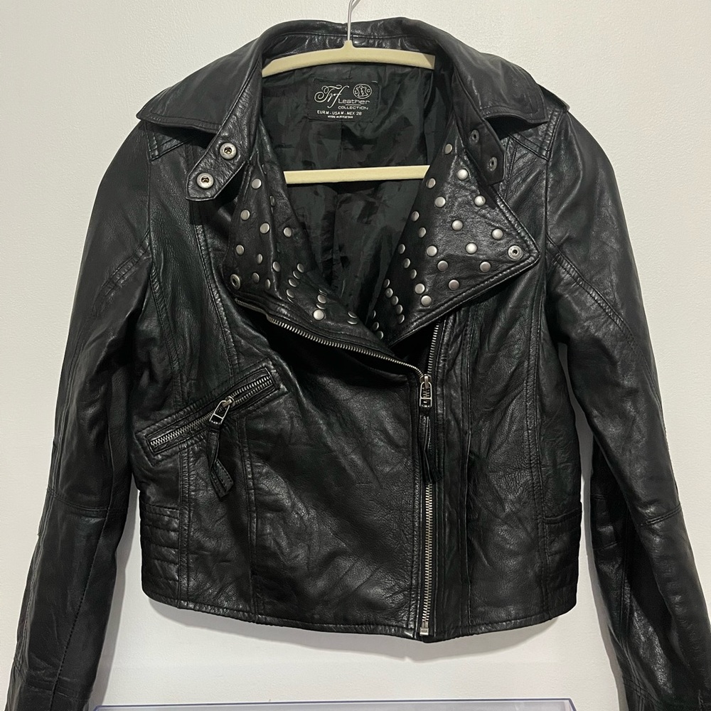 Cropped Leather Motorcycle Jacket
